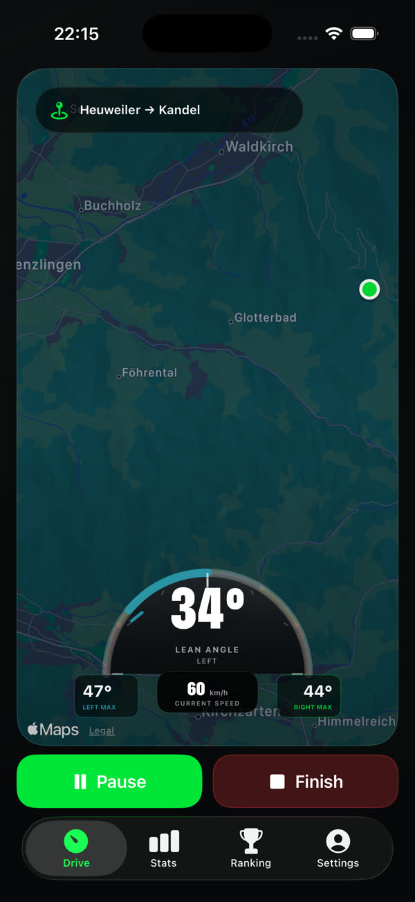 CurveRank active ride screen with map and live lean angle